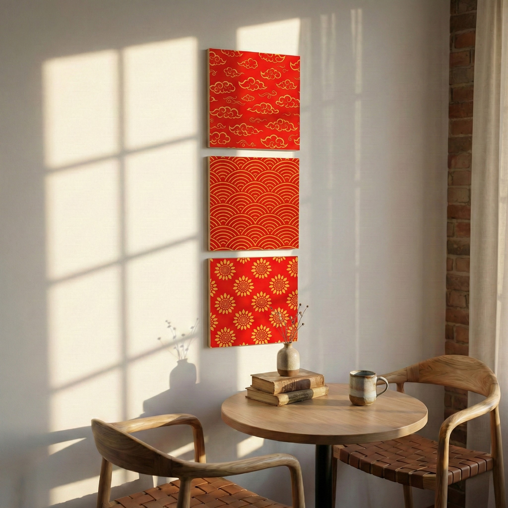 Oriental Red & Gold Wall Art Set