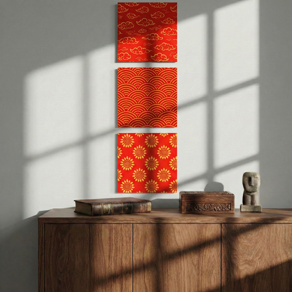 Oriental Red & Gold Wall Art Set